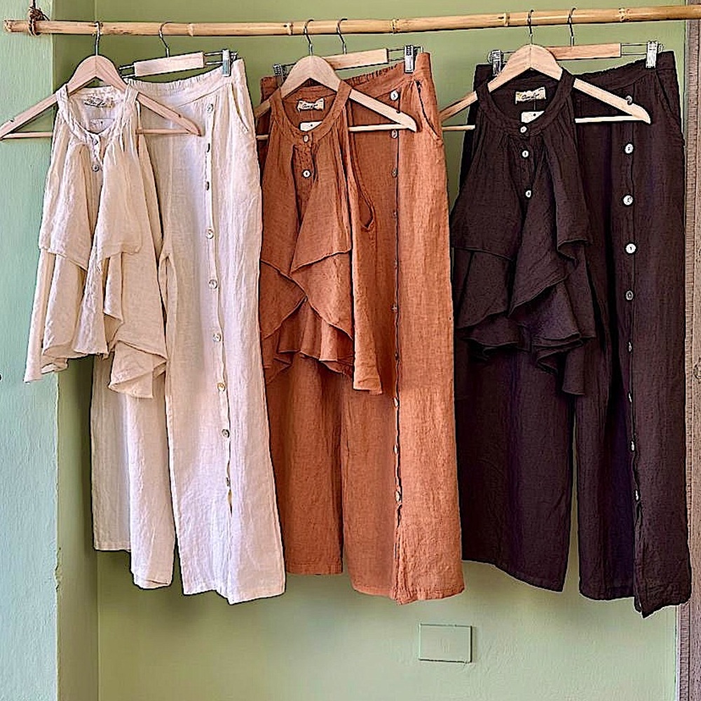 Puro Lino Italian Linen Ruffled Sleeveless Top and Pants Set